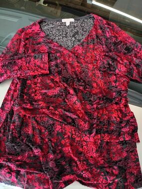 Women's Red Floral Velvet Burnout Blouse